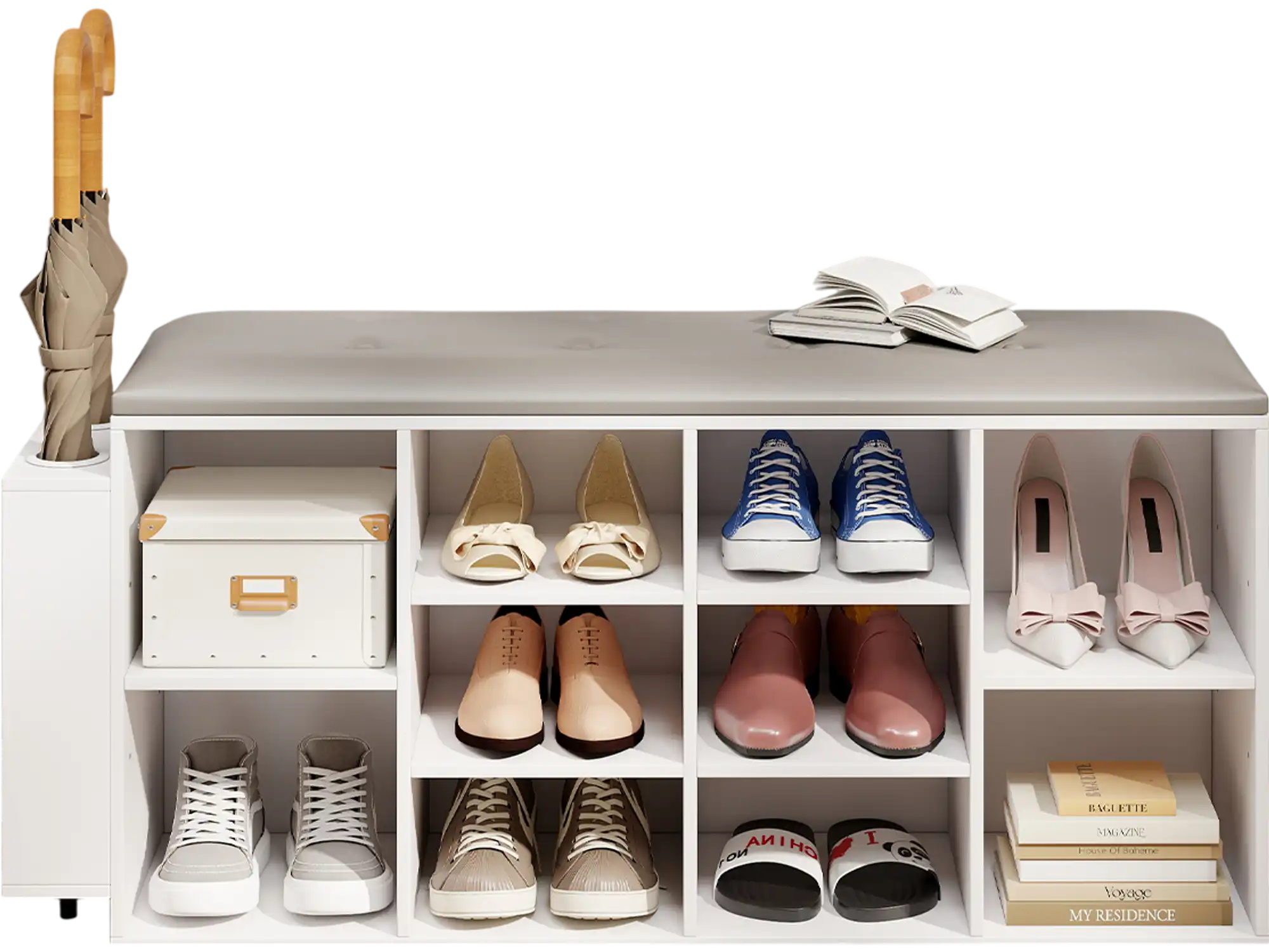 Costway Shoe Storage Bench Cabinet w/ Umbrella Stand Adjustable Shelf White 41593826 New