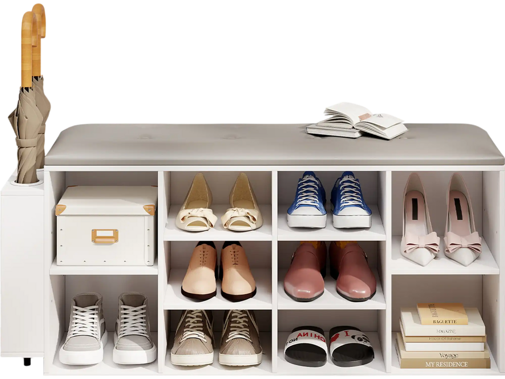 Shoe storage bench in white with umbrella stand, featuring adjustable shelves and a button-tufted padded seat for.