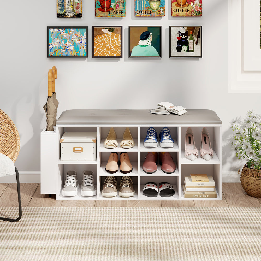 Shoe Storage Bench with Umbrella Stand and Adjustable Shelf-White - Gallery View 1 of 9
