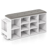 Shoe storage bench in white with umbrella stand, 10 storage cubes, and a button-tufted PU leather seat for versatile.
