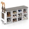 Shoe storage bench in white with 10 cubes, adjustable shelves, and a padded PU leather seat for entryway organization.
