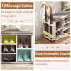 Shoe storage bench with umbrella stand, featuring 10 storage cubes and adjustable shelves, upholstered in durable PU.