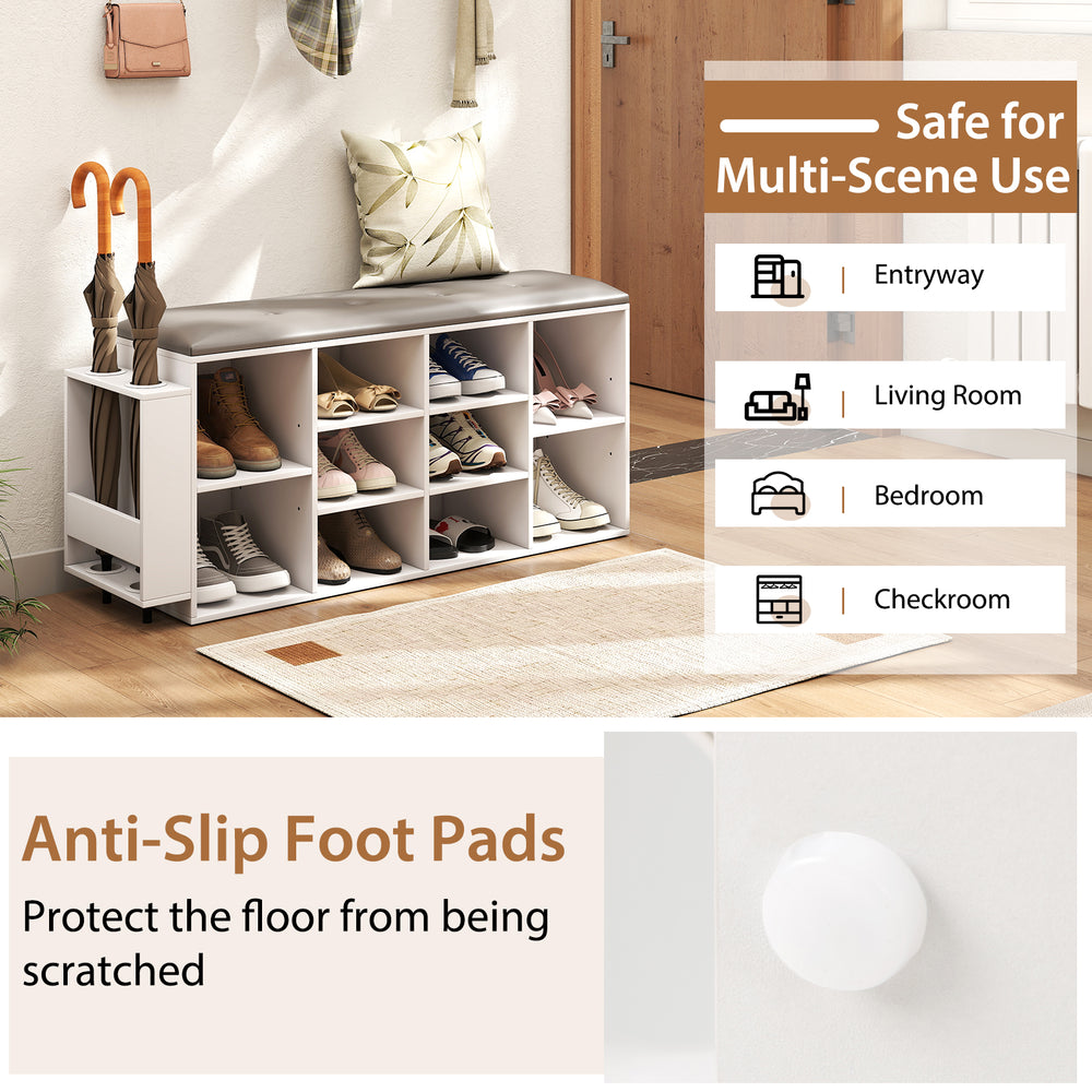 Shoe storage bench in white with umbrella stand, adjustable shelves, and anti-slip foot pads for entryway or living.