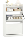 Shoe storage cabinet in white with 2 flip drawers and adjustable shelves, ideal for entryway or hallway organization.