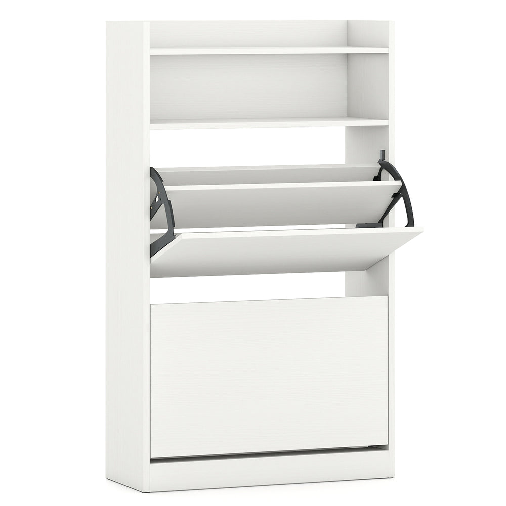 Shoe storage cabinet in white showcasing 2 flip drawers and open top shelf for versatile entryway organization.