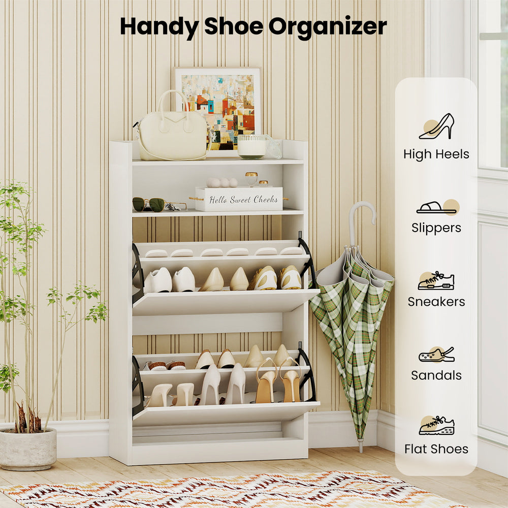 Shoe storage cabinet in white with adjustable shelves, featuring 2 flip drawers for organized shoe display in any room.