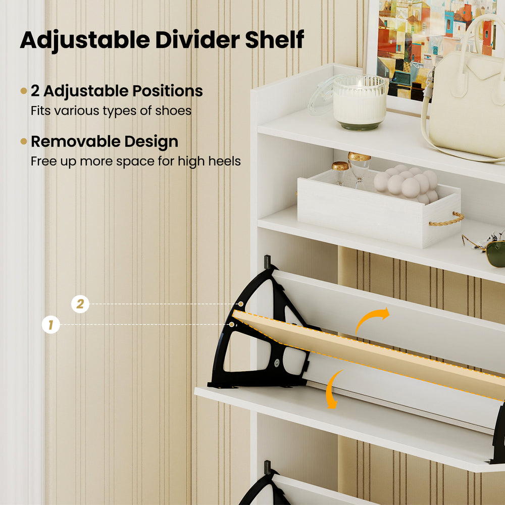 Adjustable divider shelf in a white shoe storage cabinet, designed for various shoe types and maximizing storage space.