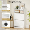 Shoe storage cabinet in white with 2 flip drawers, adjustable shelves, and anti-tipping kits for secure entryway.