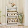 Shoe storage cabinet in white with adjustable shelves and flip drawers, ideal for entryway or hallway organization.