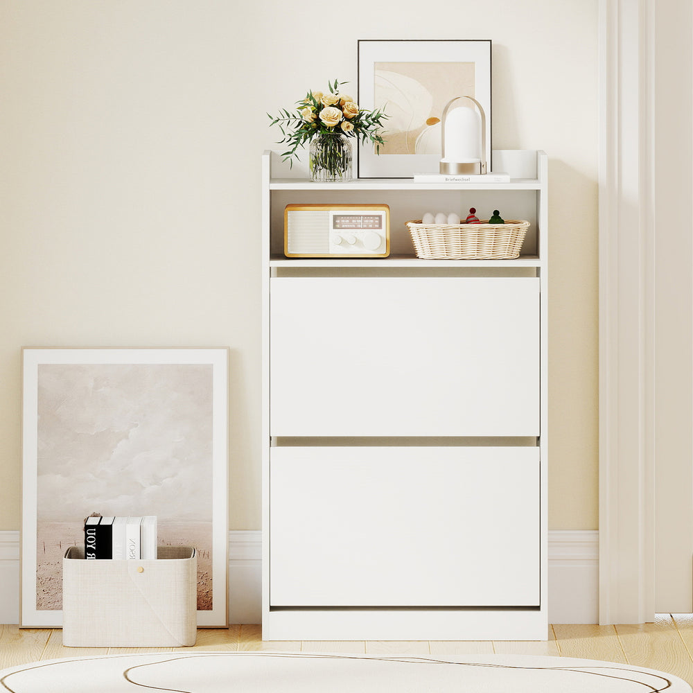 Shoe storage cabinet in white with 2 flip drawers and adjustable shelves, perfect for entryway organization.