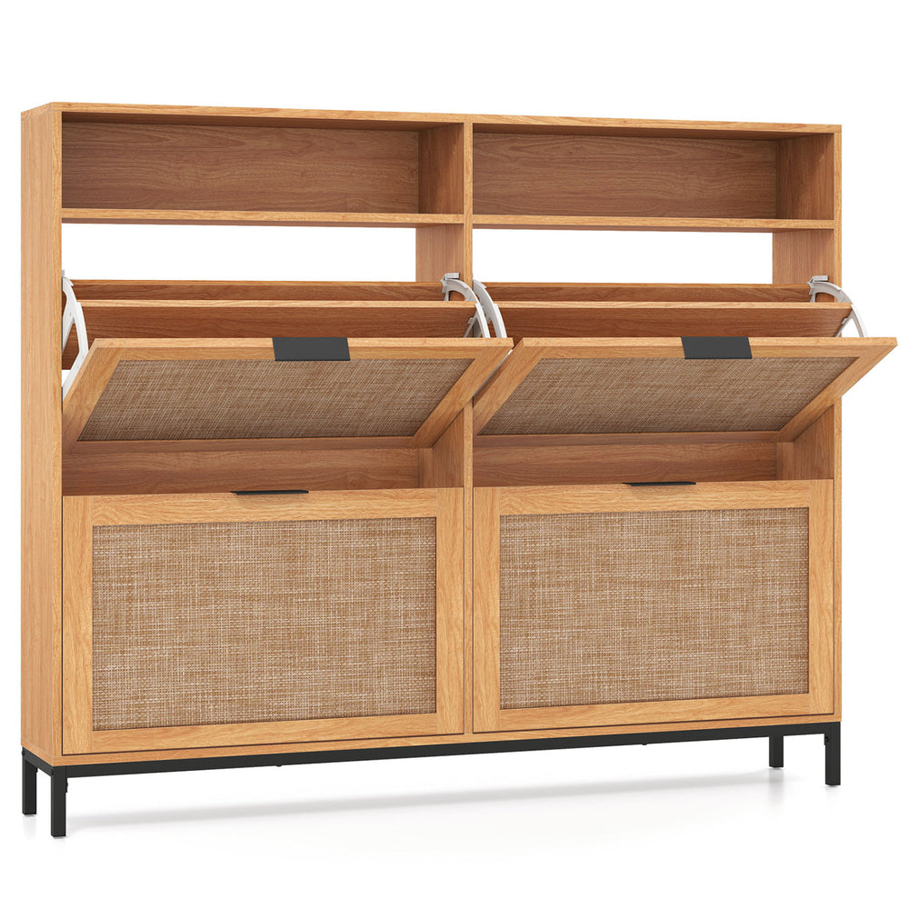 Shoe storage cabinet with 4 flip drawers, rattan-look fabric doors, and adjustable shelves for organized shoe storage.