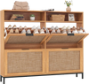 Shoe storage cabinet with 4 flip drawers and adjustable shelves in coffee finish, ideal for organizing footwear.
