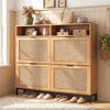 Narrow shoe storage cabinet with 4 flip drawers, adjustable shelves, and rattan-look fabric doors for stylish.