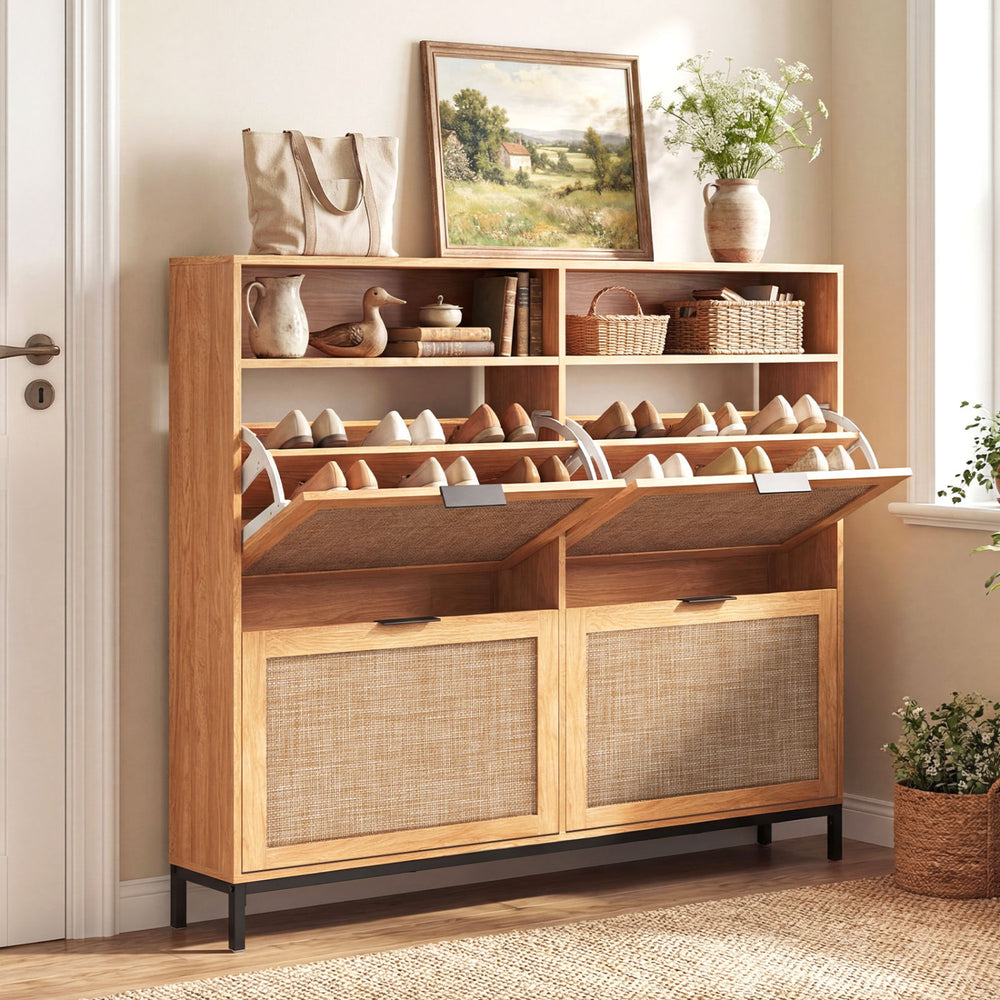 Shoe storage cabinet with 4 flip drawers and rattan-look fabric doors, perfect for organizing shoes in style.
