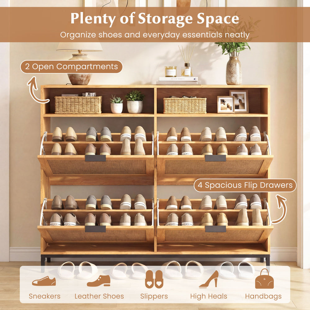 Shoe storage cabinet with 4 flip drawers and 2 open compartments, featuring adjustable shelves for versatile.