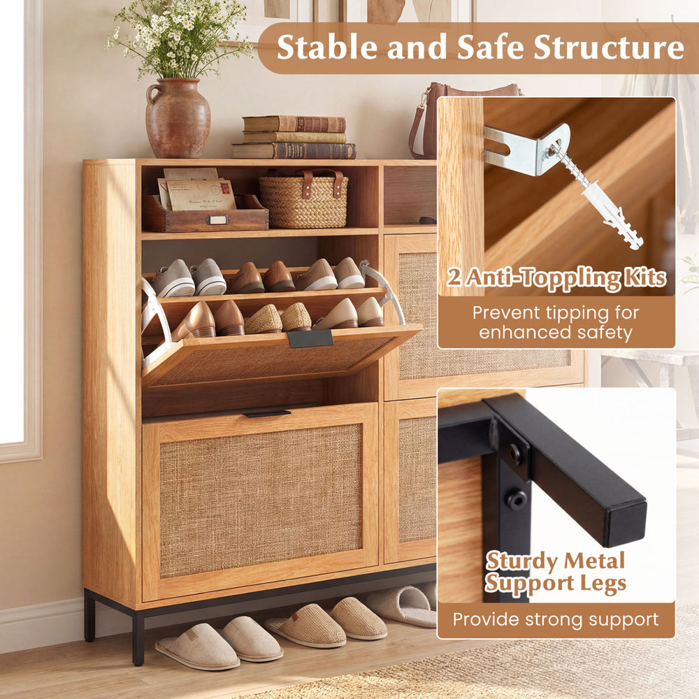 Shoe storage cabinet with 4 flip drawers and adjustable shelves in coffee color, featuring sturdy metal support legs.