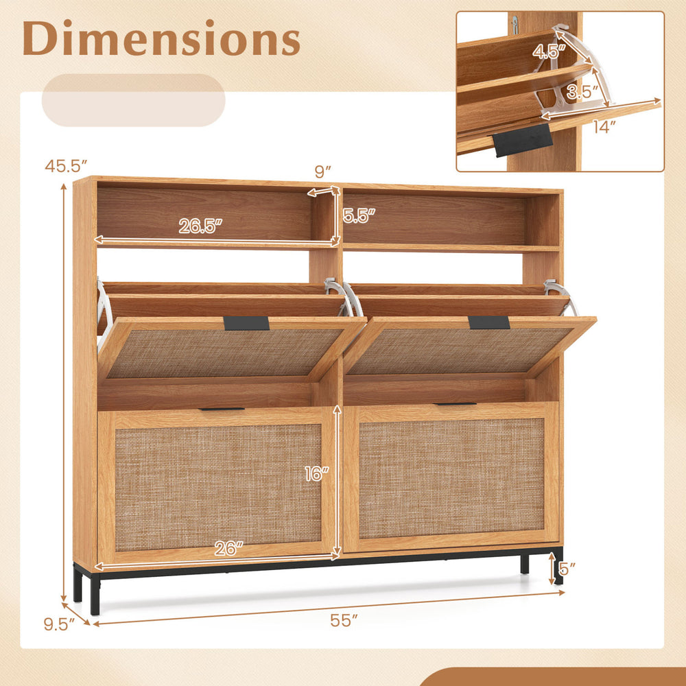 Shoe storage cabinet with 4 flip drawers, adjustable shelves, and rattan-look fabric doors for stylish organization.