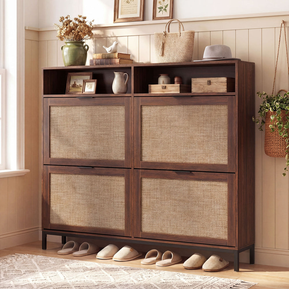Shoe Storage Cabinet with 4 Flip Drawers Narrow Freestanding Shoe Organizer with Adjustable Shelves-Brown - Gallery View 1 of 10