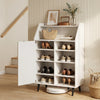 Shoe storage cabinet in white features a spacious countertop and an adjustable shelf, perfect for organizing various footwear.