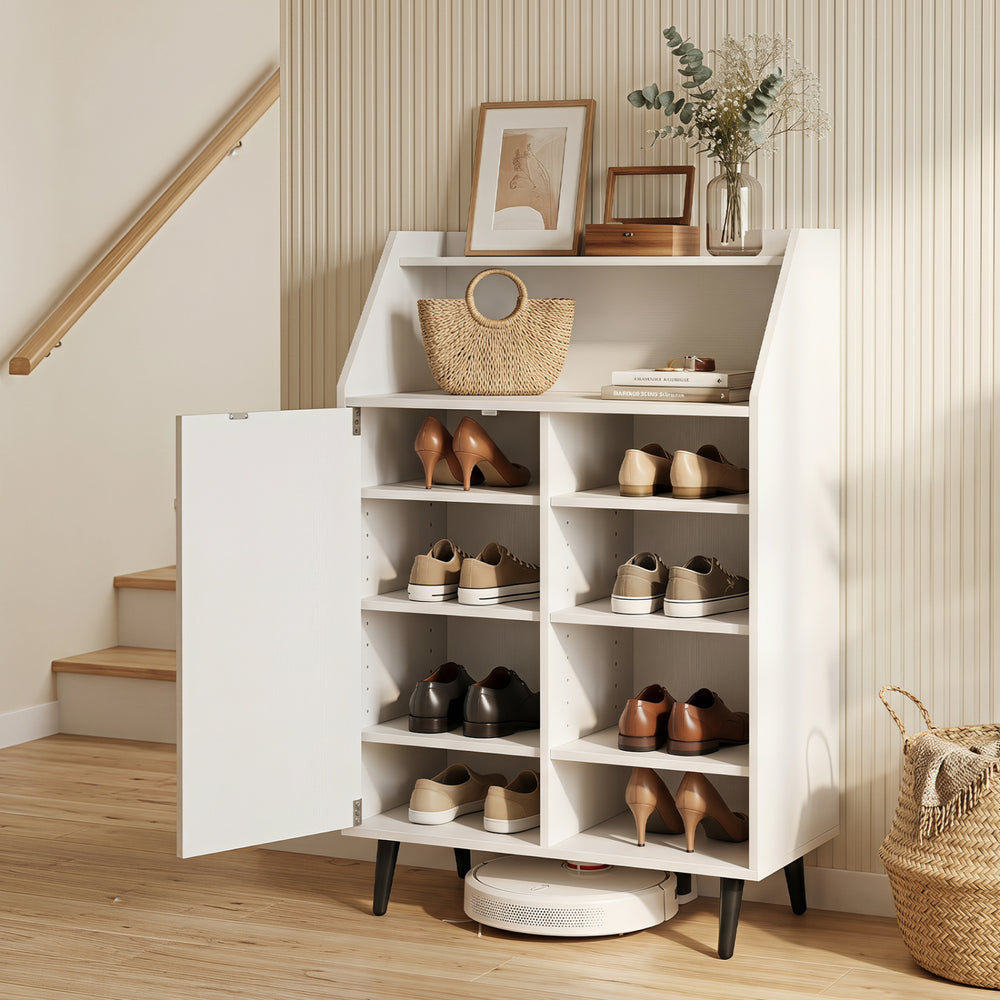 Shoe storage cabinet in white features a spacious countertop and an adjustable shelf, perfect for organizing various footwear.