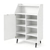 Shoe storage cabinet in white with 2-tier open compartment and 4-tier adjustable shelves for versatile footwear organization.