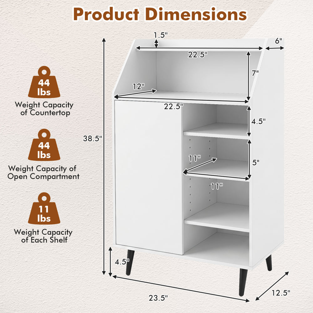 Shoe storage cabinet in white with 2-tier open compartment and 4-tier adjustable shelf, ideal for entryway organization.