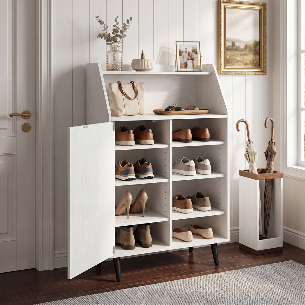 Shoe storage cabinet in white features a 2-tier open compartment and 4-tier adjustable shelves for versatile organization.