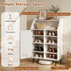 Shoe storage cabinet in white featuring a spacious countertop, 4 open cubes, and a single-door cabinet for organized footwear.