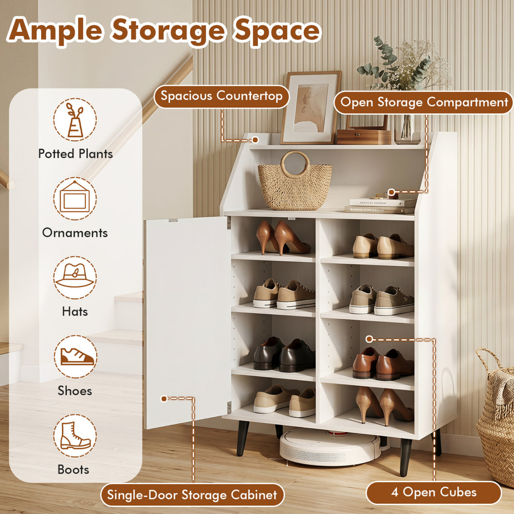 Shoe storage cabinet in white featuring a spacious countertop, 4 open cubes, and a single-door cabinet for organized footwear.
