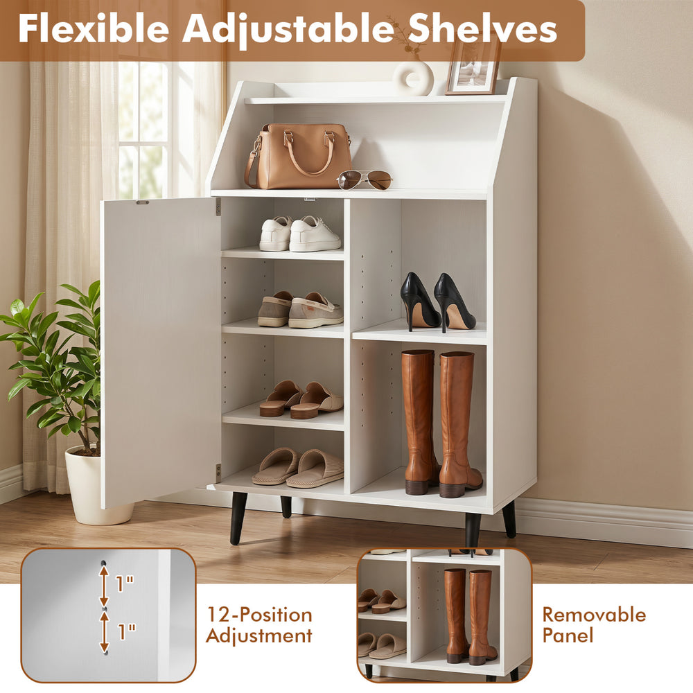 Shoe storage cabinet in white featuring a 2-tier open compartment and 4-tier adjustable shelf for versatile organization.