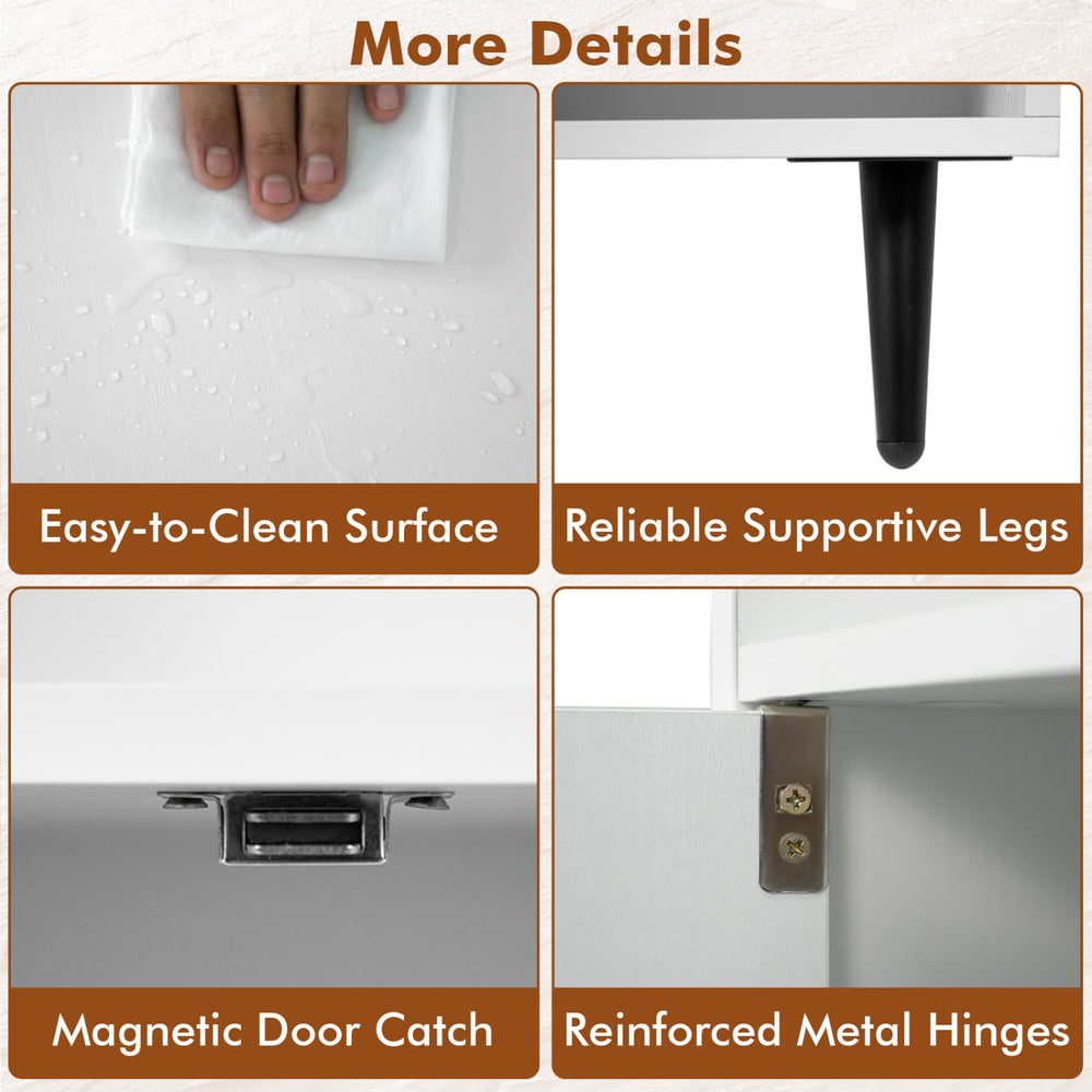 Close-up of the shoe storage cabinet's easy-to-clean surface, reinforced metal hinges, and magnetic door catch for stability.
