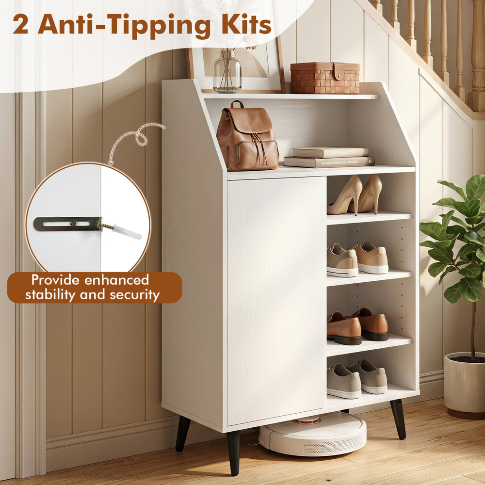 Shoe storage cabinet in white features a 2-tier open compartment and 4-tier adjustable shelf for versatile organization.