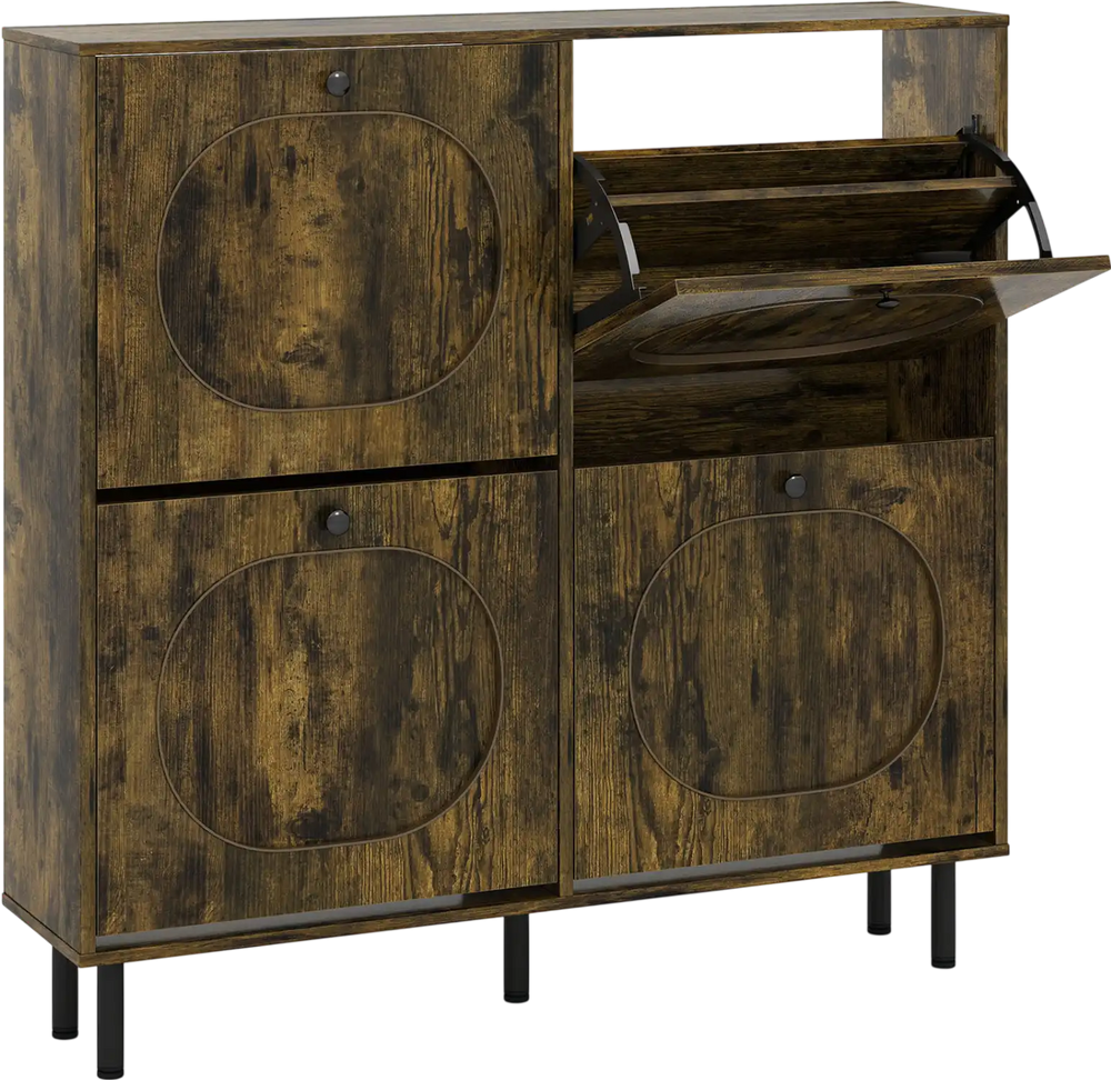 Shoe storage cabinet in rustic brown with adjustable foot pads and a ventilated back, perfect for maintaining airflow.