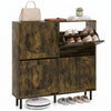 Shoe storage cabinet in rustic brown with 4 flip drawers, aluminum legs, and a 4.7" elevated base for narrow entryways.