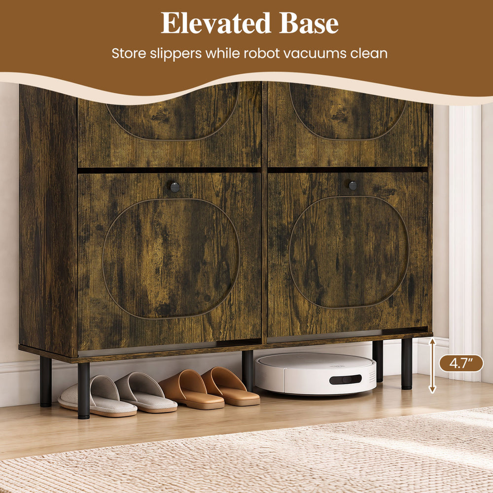 Shoe storage cabinet in rustic brown with 4 flip drawers and 4.7" elevated base for easy robot vacuum access.
