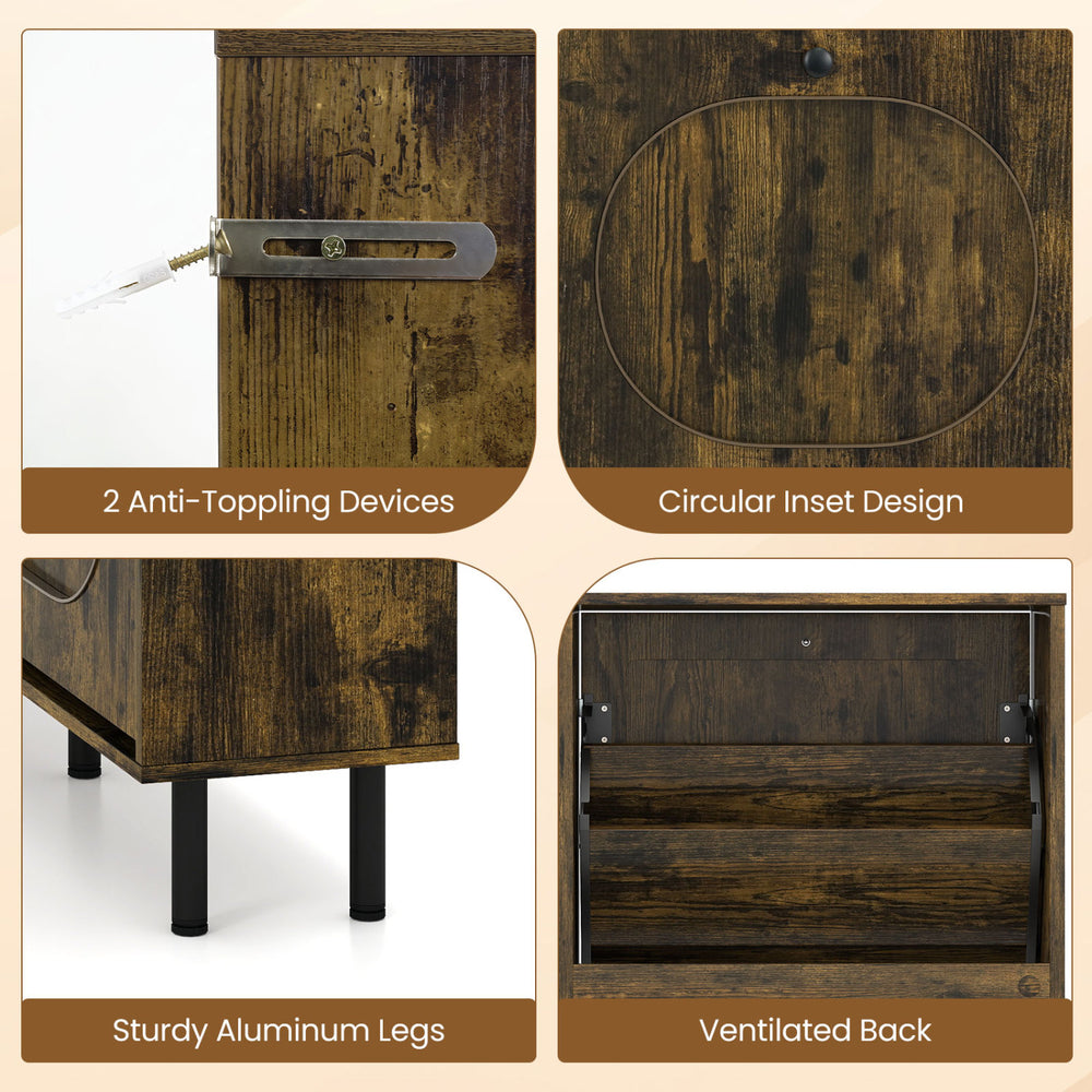 Shoe storage cabinet in rustic brown with 4 flip drawers, sturdy aluminum legs, and ventilated back for hallway organization.