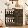 Rustic brown shoe storage cabinet showcasing four flip drawers and a geometric design, perfect for entryway organization.