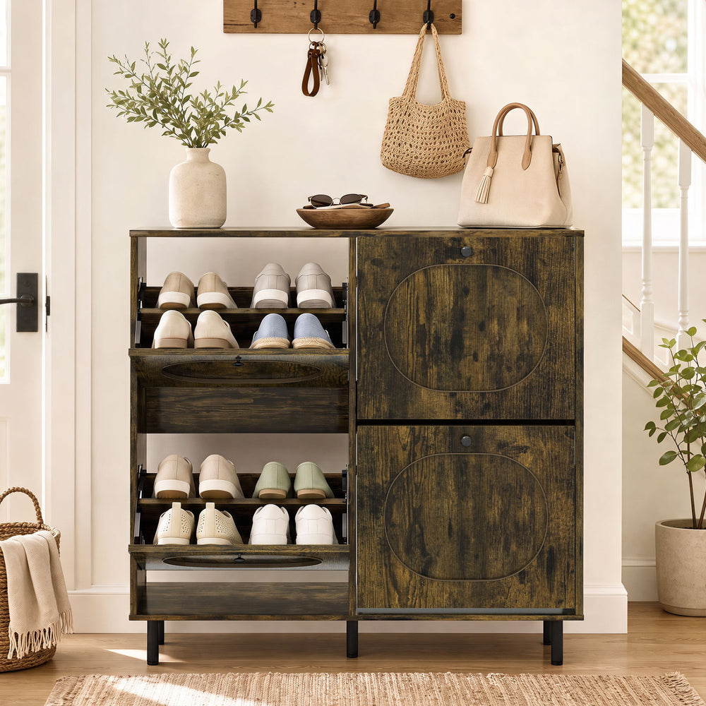 Rustic brown shoe storage cabinet showcasing four flip drawers and a geometric design, perfect for entryway organization.