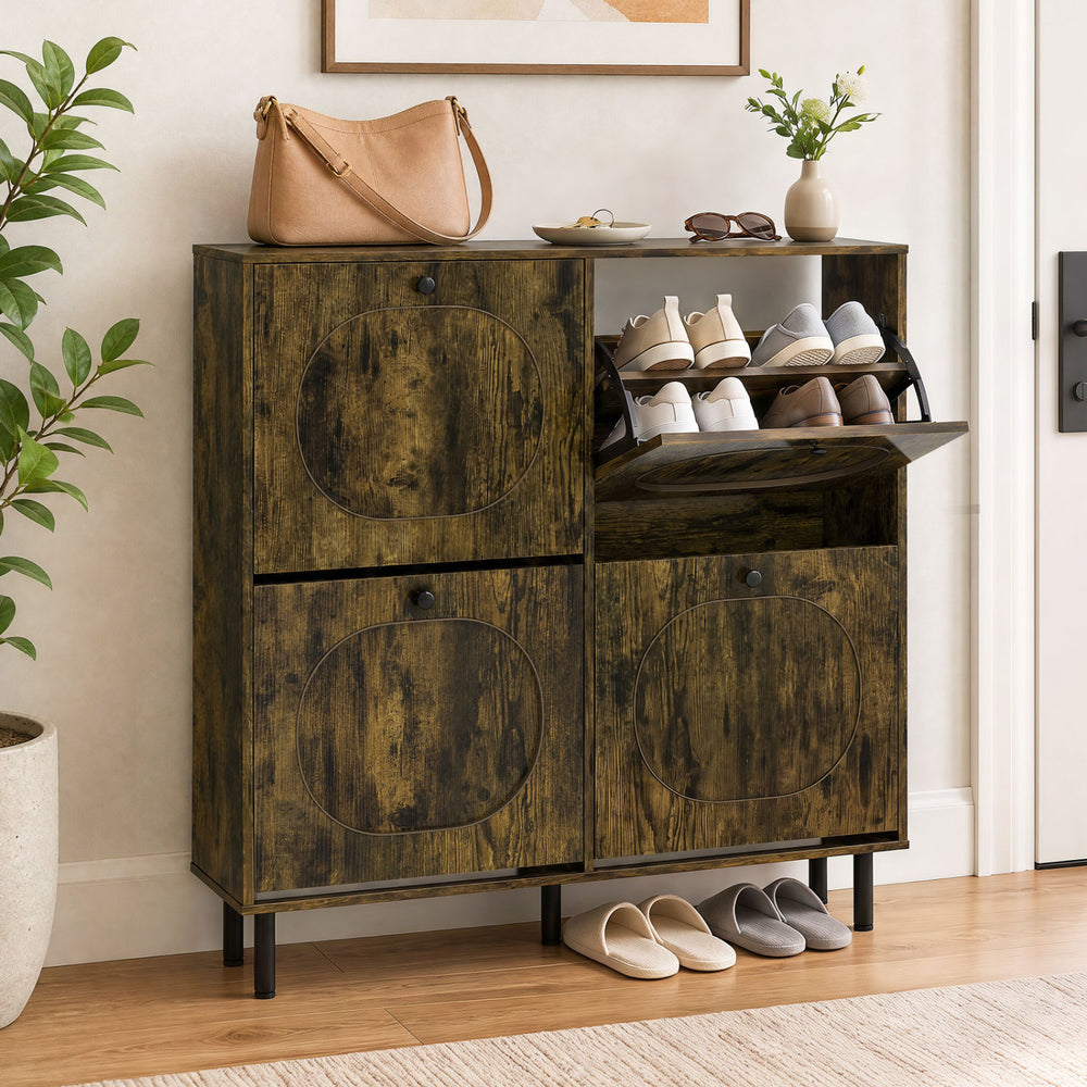 Shoe Storage Cabinet with 4 Flip Drawers and Aluminum Legs for Foyer and Hallway-Rustic Brown - Gallery View 1 of 10