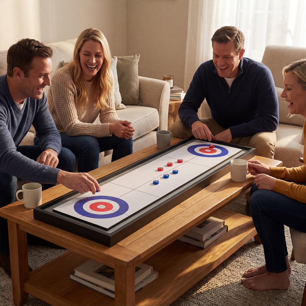 Two couples enjoying the Shuffleboard and Curling 2-in-1 tabletop game on a wooden coffee table for family fun.