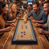 Portable 2-in-1 shuffleboard and curling game with wooden frame, featuring vibrant scoring patterns for family fun.