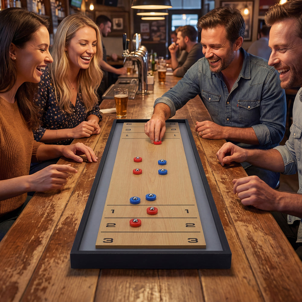 Portable 2-in-1 shuffleboard and curling game with wooden frame, featuring vibrant scoring patterns for family fun.