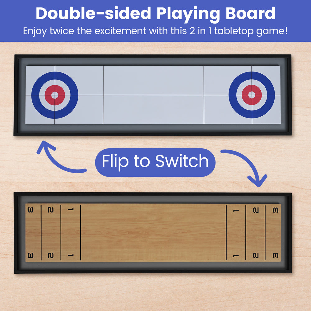 Double-sided tabletop board game featuring shuffleboard and curling designs for exciting family game nights.