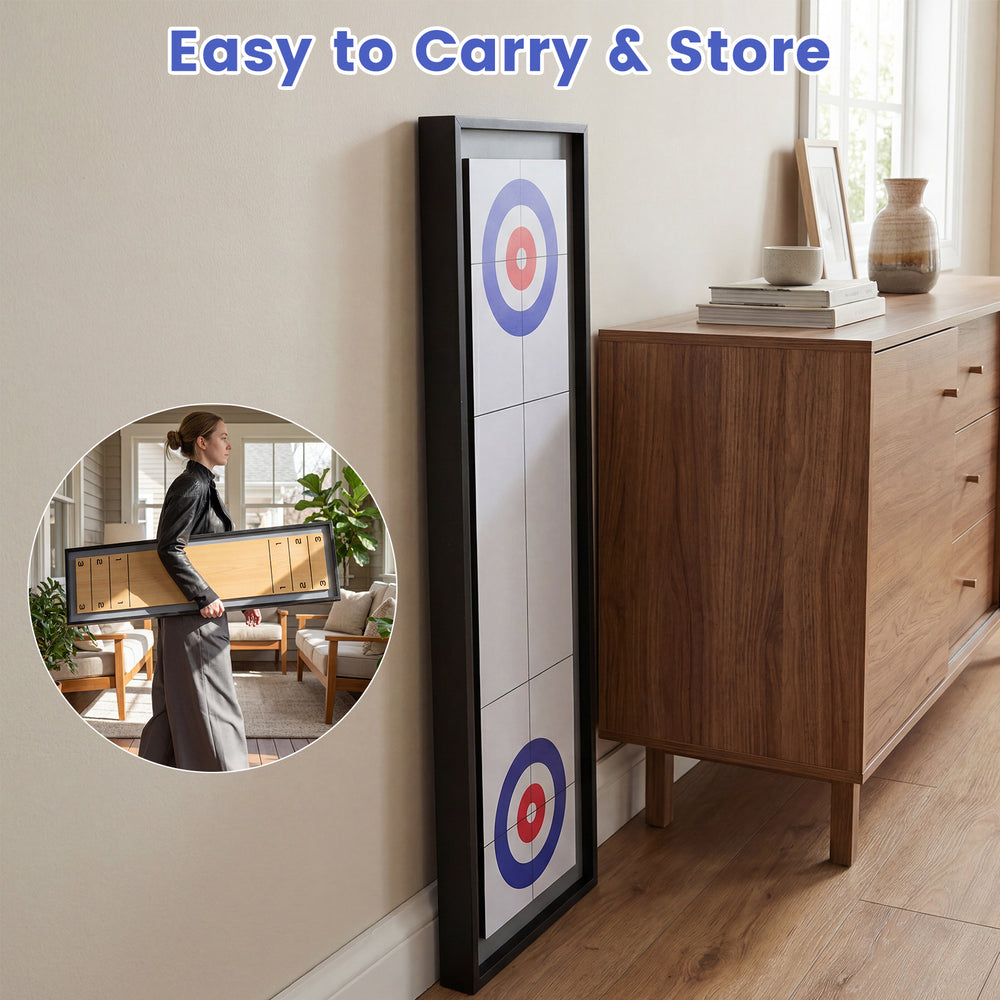 Portable 2-sided tabletop shuffleboard and curling game with a lightweight design for easy transport and storage.