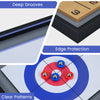 Close-up of the shuffleboard and curling game showing deep grooves, edge protection, and vibrant scoring patterns.