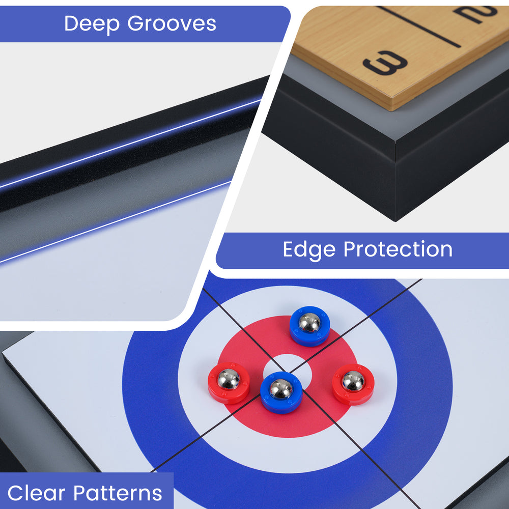 Close-up of the shuffleboard and curling game showing deep grooves, edge protection, and vibrant scoring patterns.