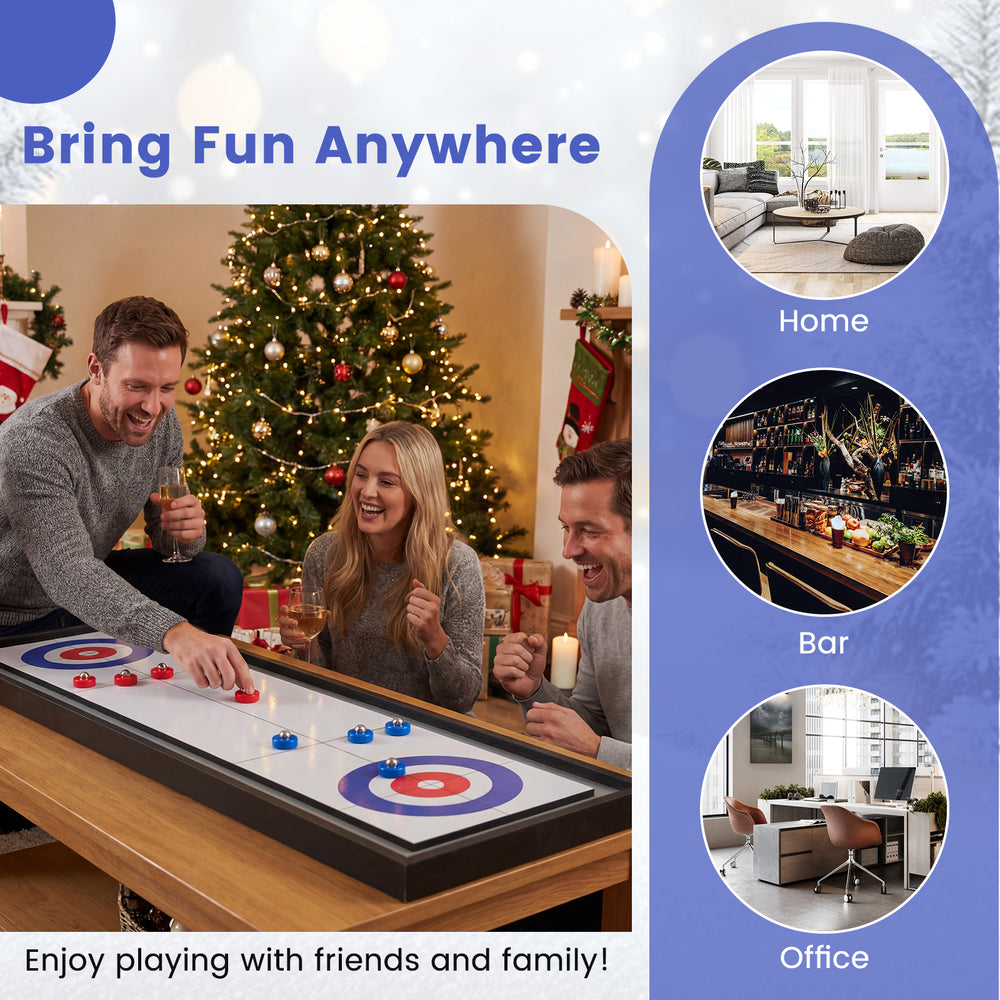 Portable 2-in-1 shuffleboard and curling game with wooden frame, perfect for family fun at home, bar, or office.