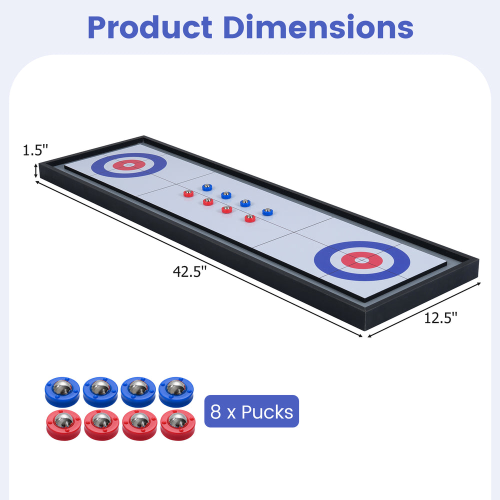 Dimensions of the portable 2-sided tabletop shuffleboard and curling game, featuring 8 pucks for family fun.