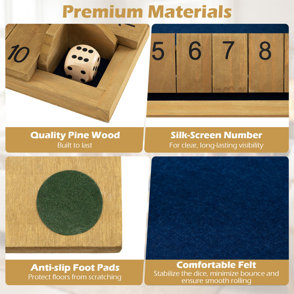 Close-up of the 24-inch Shut The Box game showing premium pine wood, silk-screened numbers, and anti-slip foot pads.