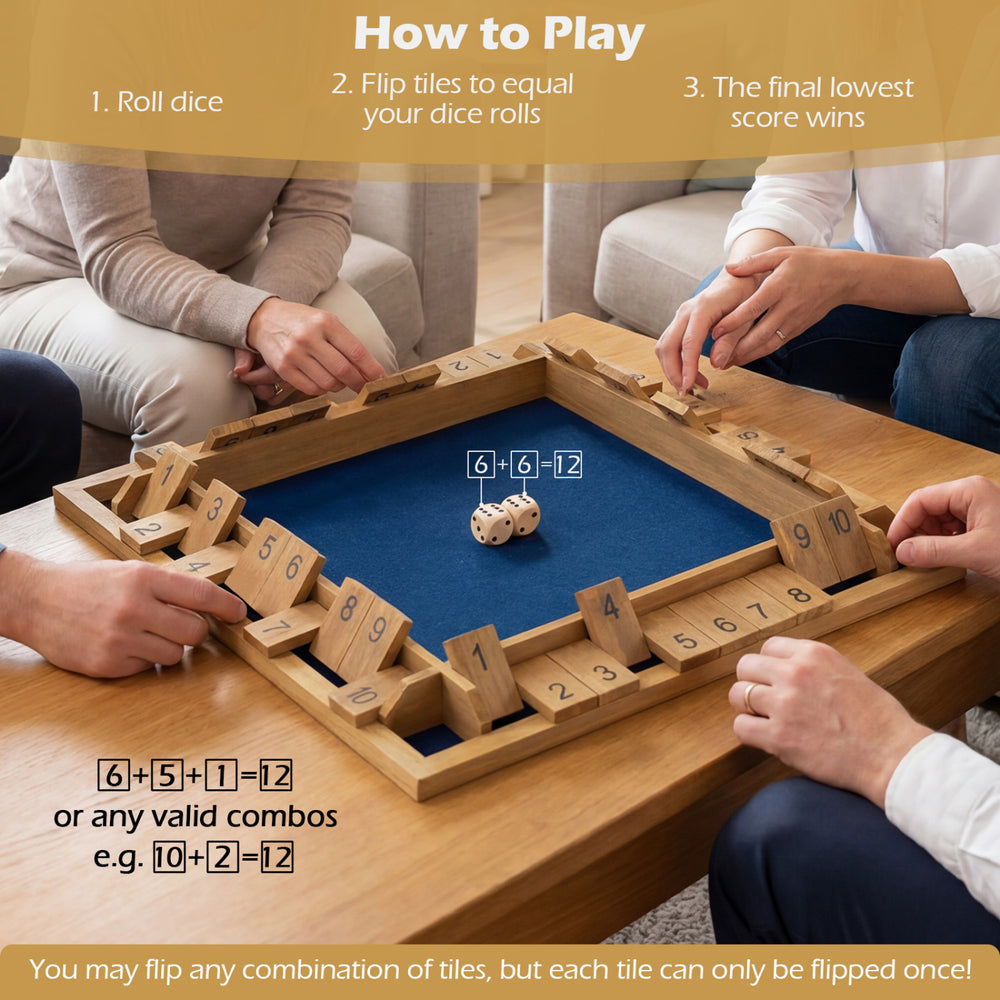 Extra-large 24 inch Shut The Box game for 2-4 players, featuring premium pine wood and silk-screened numbers for clear.